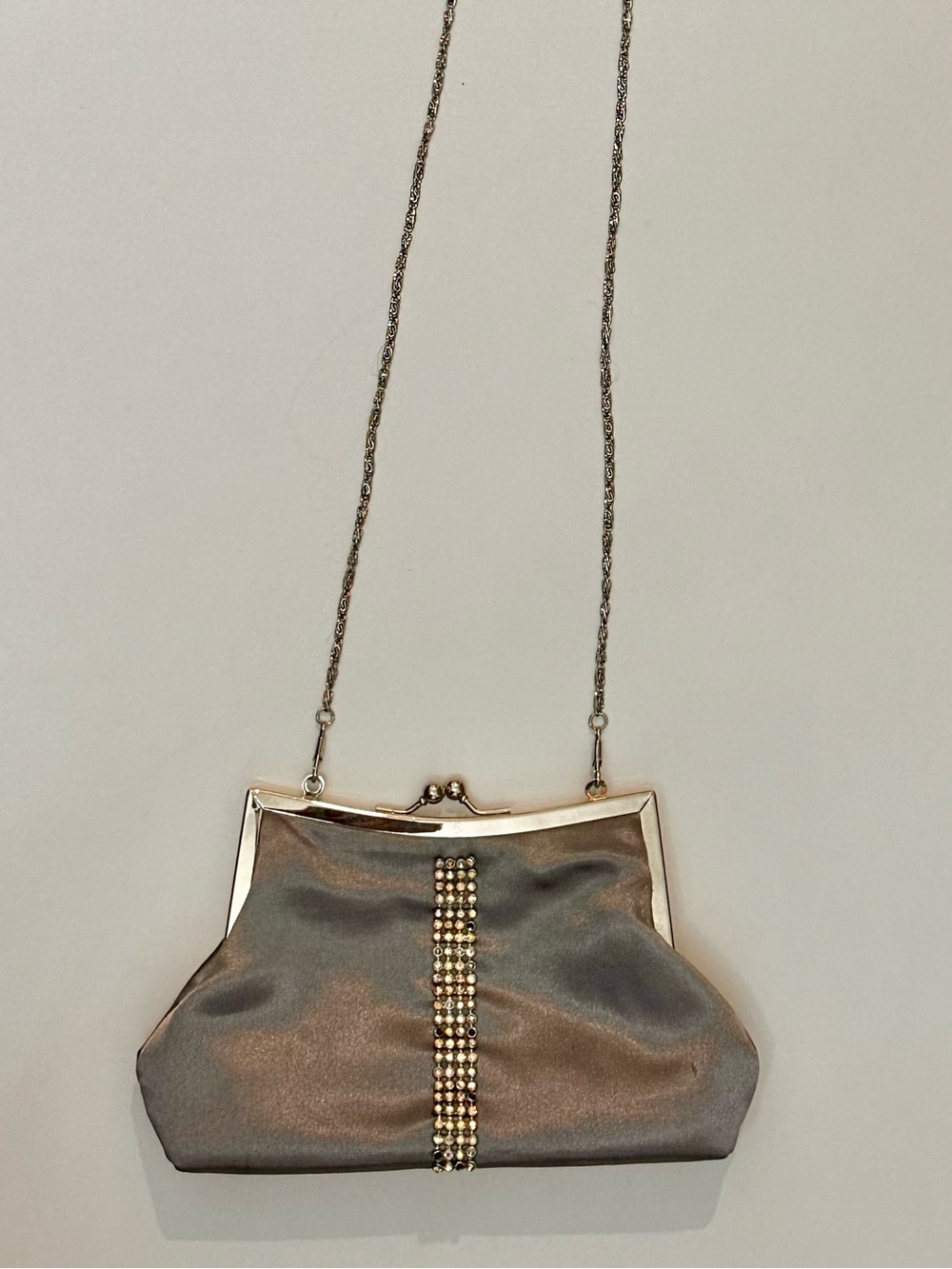 Elegant Gray Satin Clutch Kiss 💋 Lock 🔒 with Crystal Accent
